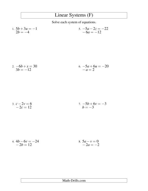 The Systems of Linear Equations -- Two Variables Including Negative Values -- Easy (F) Math Worksheet