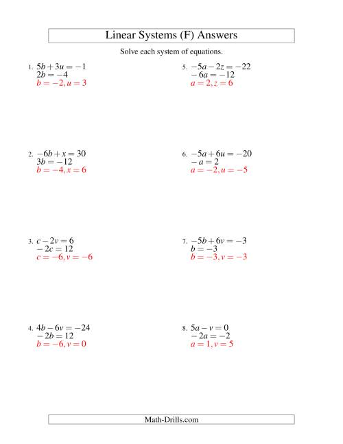 The Systems of Linear Equations -- Two Variables Including Negative Values -- Easy (F) Math Worksheet Page 2