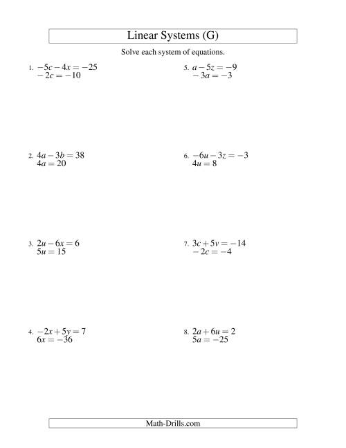 The Systems of Linear Equations -- Two Variables Including Negative Values -- Easy (G) Math Worksheet