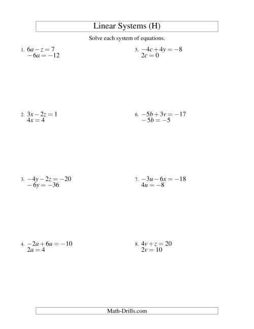 The Systems of Linear Equations -- Two Variables Including Negative Values -- Easy (H) Math Worksheet