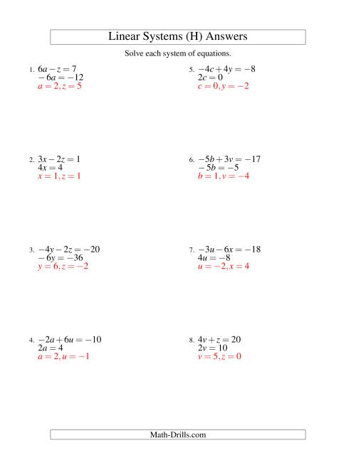 The Systems of Linear Equations -- Two Variables Including Negative Values -- Easy (H) Math Worksheet Page 2