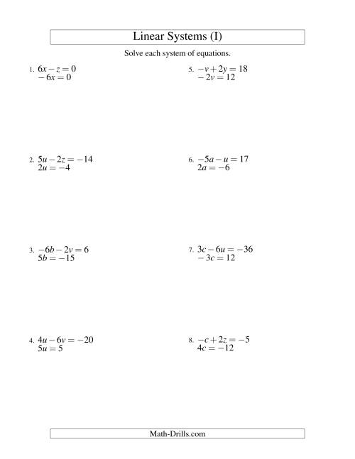The Systems of Linear Equations -- Two Variables Including Negative Values -- Easy (I) Math Worksheet