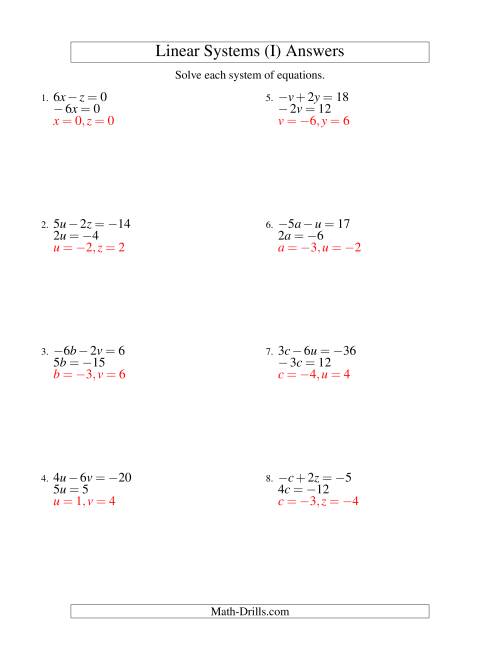 The Systems of Linear Equations -- Two Variables Including Negative Values -- Easy (I) Math Worksheet Page 2