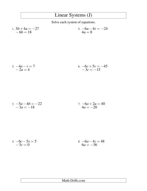 The Systems of Linear Equations -- Two Variables Including Negative Values -- Easy (J) Math Worksheet