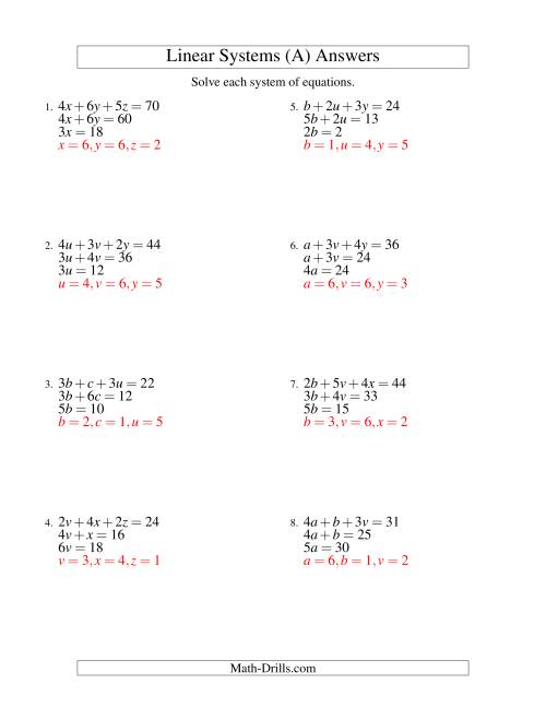 The Systems of Linear Equations -- Three Variables -- Easy (A) Math Worksheet Page 2