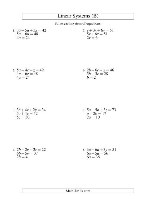 The Systems of Linear Equations -- Three Variables -- Easy (B) Math Worksheet