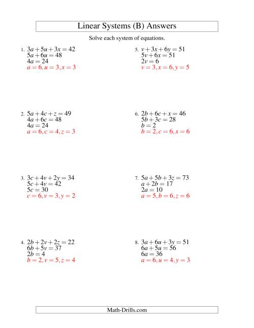 The Systems of Linear Equations -- Three Variables -- Easy (B) Math Worksheet Page 2