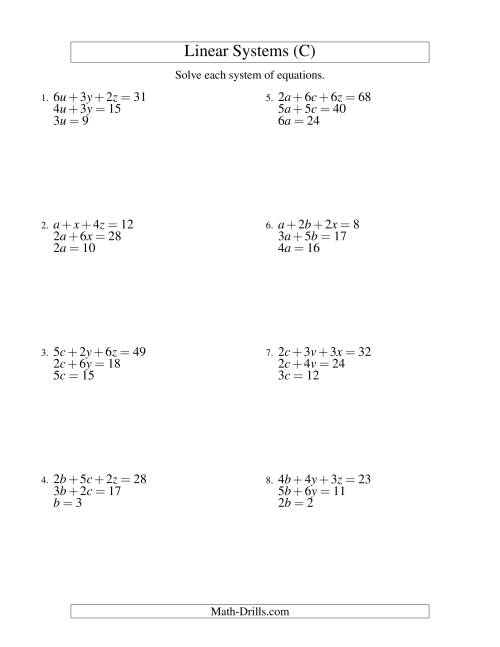 The Systems of Linear Equations -- Three Variables -- Easy (C) Math Worksheet
