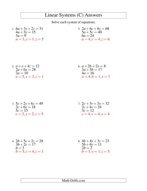 The Systems of Linear Equations -- Three Variables -- Easy (C) Math Worksheet Page 2