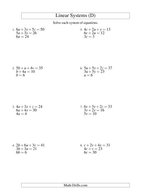 The Systems of Linear Equations -- Three Variables -- Easy (D) Math Worksheet
