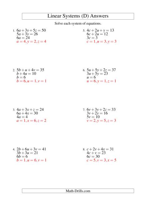 The Systems of Linear Equations -- Three Variables -- Easy (D) Math Worksheet Page 2