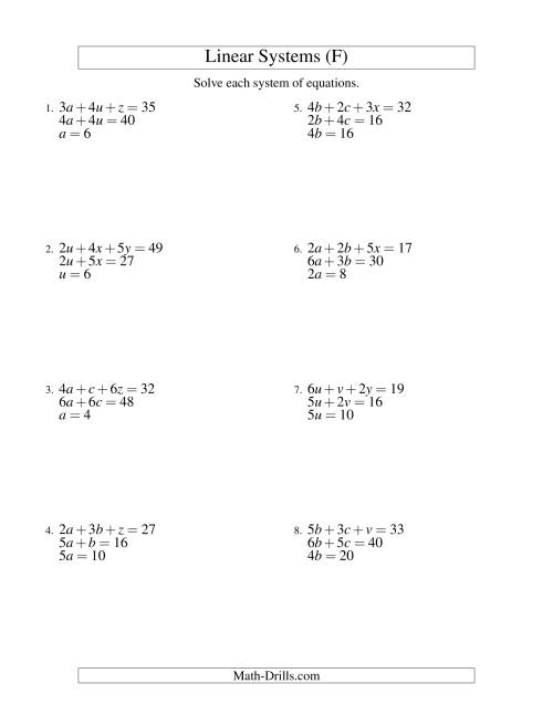 The Systems of Linear Equations -- Three Variables -- Easy (F) Math Worksheet