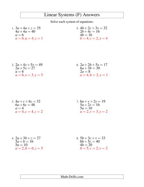 The Systems of Linear Equations -- Three Variables -- Easy (F) Math Worksheet Page 2