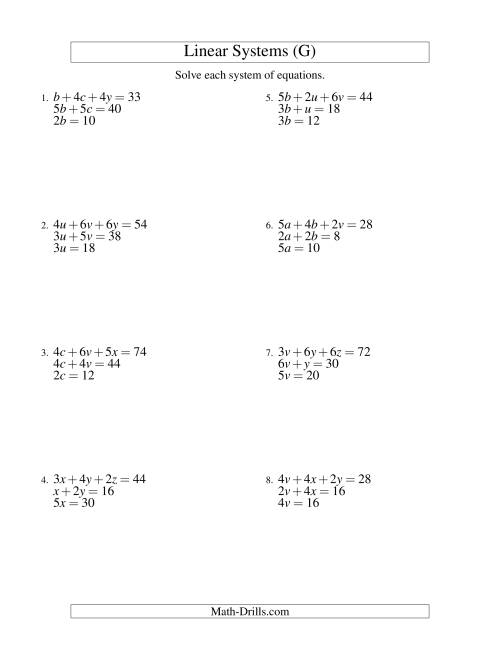 The Systems of Linear Equations -- Three Variables -- Easy (G) Math Worksheet