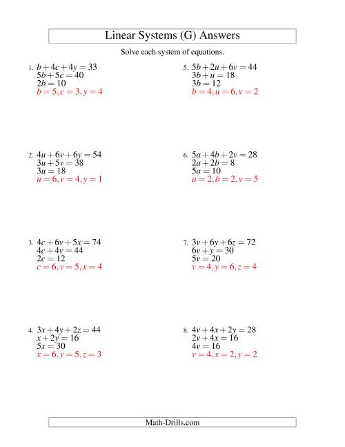 The Systems of Linear Equations -- Three Variables -- Easy (G) Math Worksheet Page 2