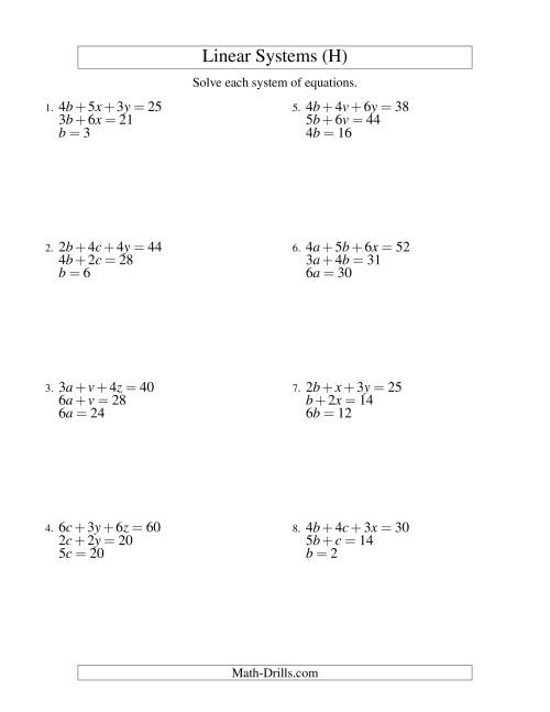The Systems of Linear Equations -- Three Variables -- Easy (H) Math Worksheet