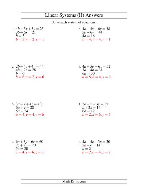 The Systems of Linear Equations -- Three Variables -- Easy (H) Math Worksheet Page 2