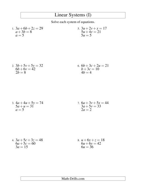 The Systems of Linear Equations -- Three Variables -- Easy (I) Math Worksheet