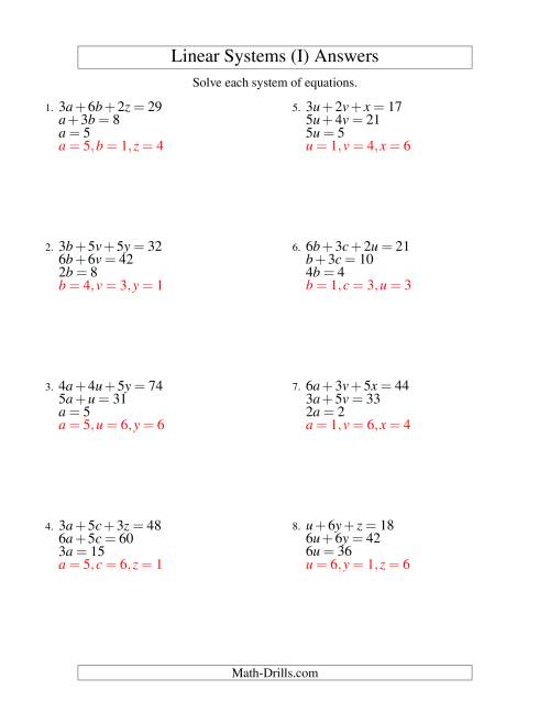 The Systems of Linear Equations -- Three Variables -- Easy (I) Math Worksheet Page 2
