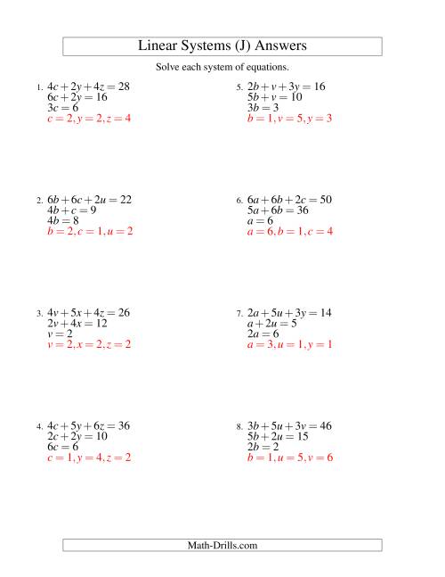The Systems of Linear Equations -- Three Variables -- Easy (J) Math Worksheet Page 2