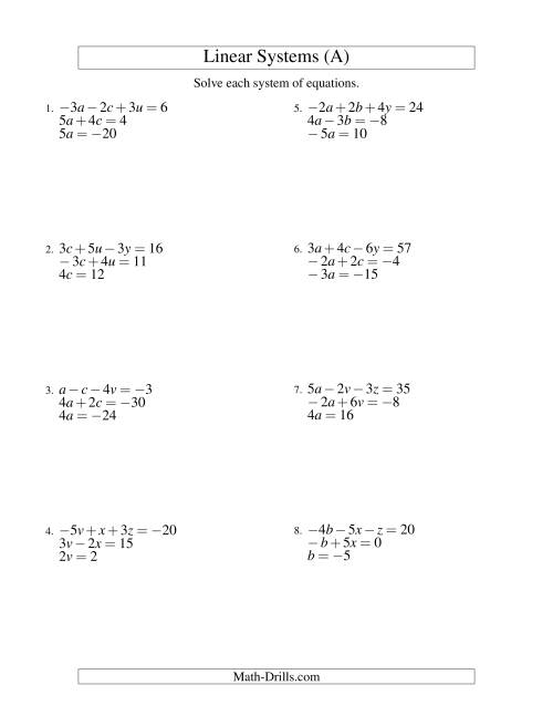 The Systems of Linear Equations -- Three Variables Including Negative Values -- Easy (A) Math Worksheet