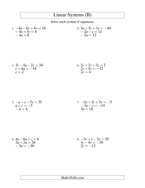 The Systems of Linear Equations -- Three Variables Including Negative Values -- Easy (B) Math Worksheet