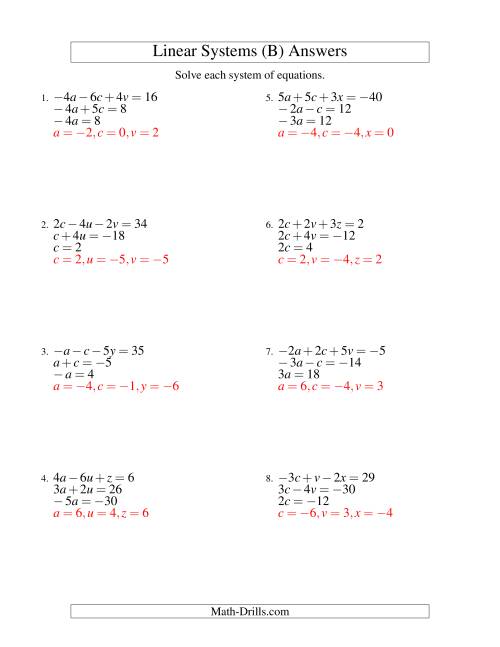 The Systems of Linear Equations -- Three Variables Including Negative Values -- Easy (B) Math Worksheet Page 2