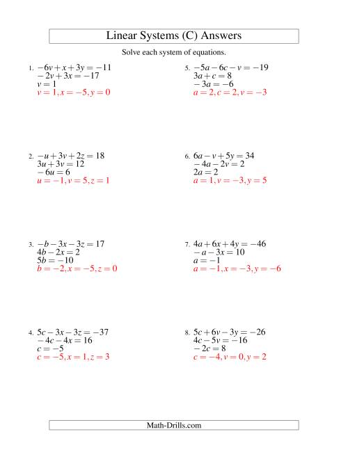 The Systems of Linear Equations -- Three Variables Including Negative Values -- Easy (C) Math Worksheet Page 2