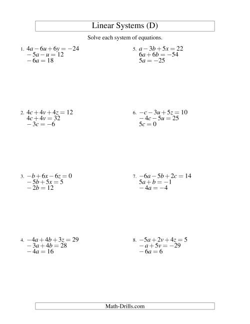 The Systems of Linear Equations -- Three Variables Including Negative Values -- Easy (D) Math Worksheet