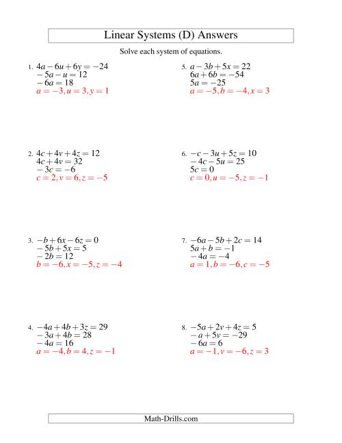 The Systems of Linear Equations -- Three Variables Including Negative Values -- Easy (D) Math Worksheet Page 2