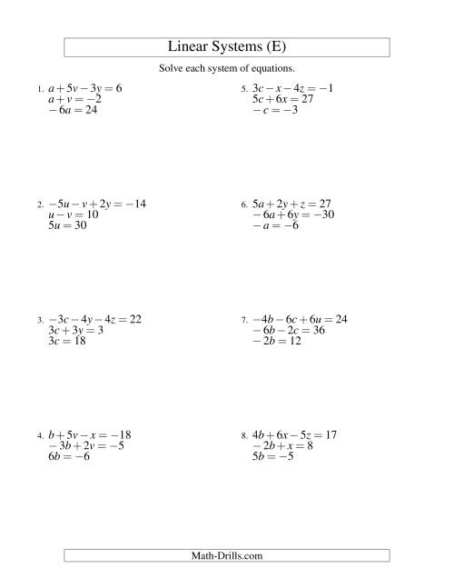 The Systems of Linear Equations -- Three Variables Including Negative Values -- Easy (E) Math Worksheet