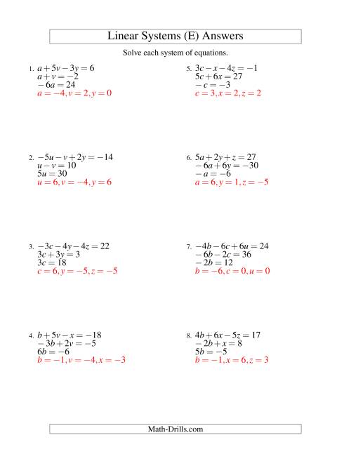 The Systems of Linear Equations -- Three Variables Including Negative Values -- Easy (E) Math Worksheet Page 2