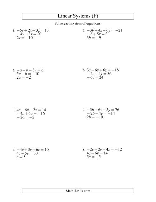 The Systems of Linear Equations -- Three Variables Including Negative Values -- Easy (F) Math Worksheet