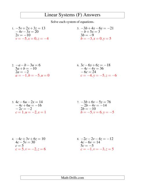The Systems of Linear Equations -- Three Variables Including Negative Values -- Easy (F) Math Worksheet Page 2