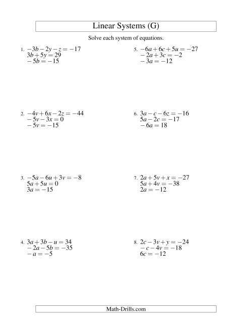 The Systems of Linear Equations -- Three Variables Including Negative Values -- Easy (G) Math Worksheet