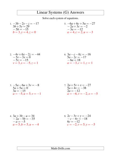 The Systems of Linear Equations -- Three Variables Including Negative Values -- Easy (G) Math Worksheet Page 2
