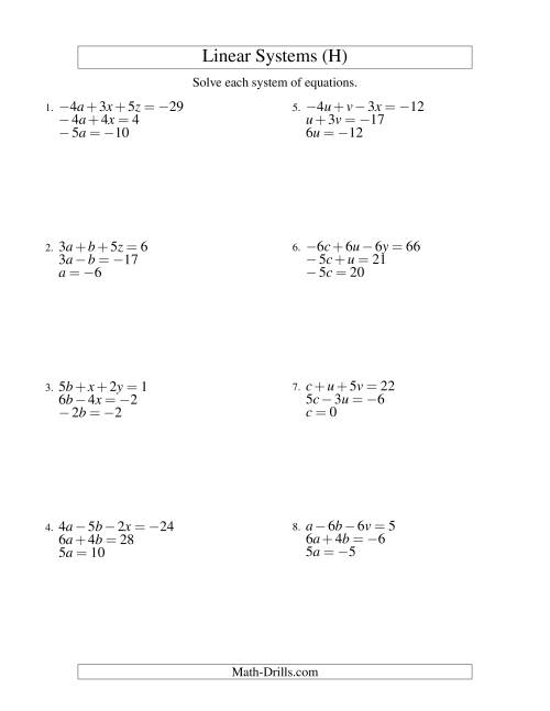 The Systems of Linear Equations -- Three Variables Including Negative Values -- Easy (H) Math Worksheet