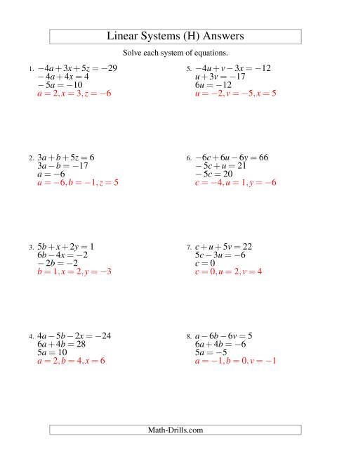 The Systems of Linear Equations -- Three Variables Including Negative Values -- Easy (H) Math Worksheet Page 2