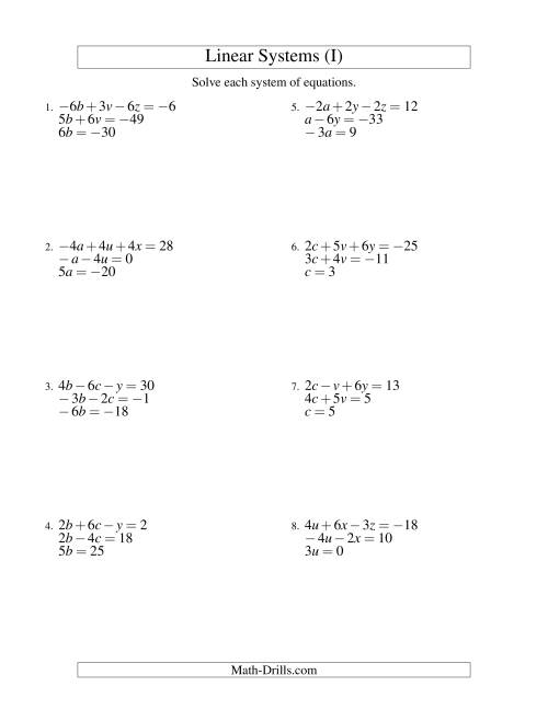 The Systems of Linear Equations -- Three Variables Including Negative Values -- Easy (I) Math Worksheet