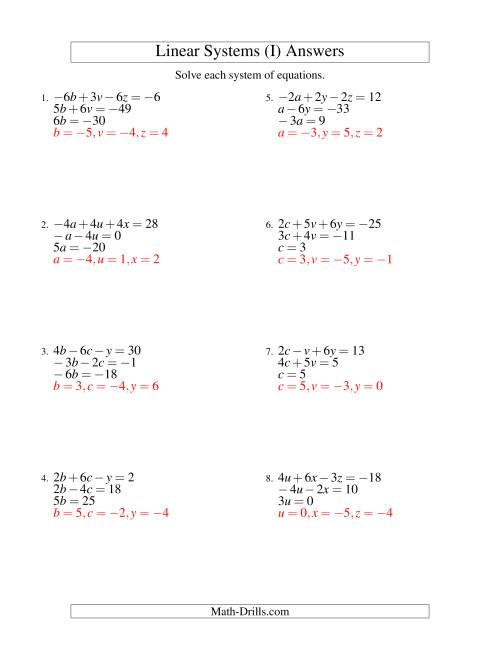 The Systems of Linear Equations -- Three Variables Including Negative Values -- Easy (I) Math Worksheet Page 2