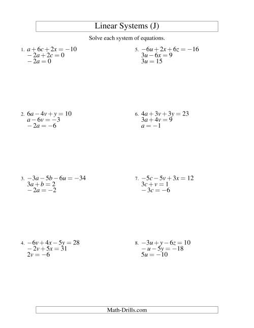 The Systems of Linear Equations -- Three Variables Including Negative Values -- Easy (J) Math Worksheet