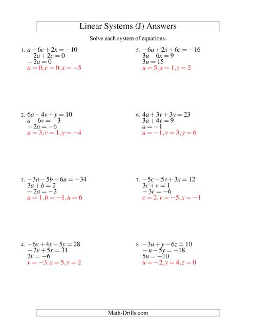 The Systems of Linear Equations -- Three Variables Including Negative Values -- Easy (J) Math Worksheet Page 2