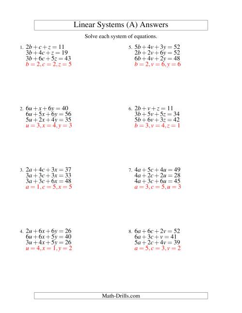 The Systems of Linear Equations -- Three Variables (A) Math Worksheet Page 2
