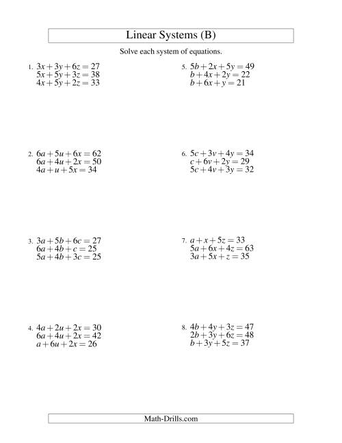 The Systems of Linear Equations -- Three Variables (B) Math Worksheet