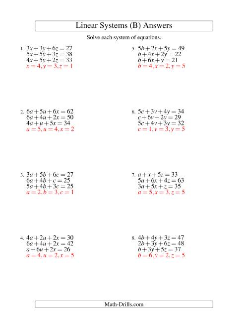 The Systems of Linear Equations -- Three Variables (B) Math Worksheet Page 2