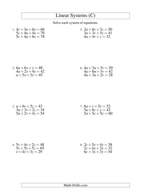 The Systems of Linear Equations -- Three Variables (C) Math Worksheet