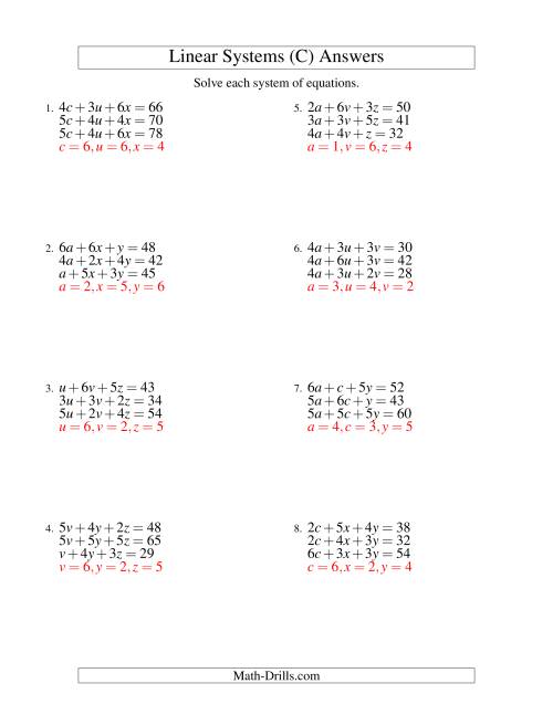 The Systems of Linear Equations -- Three Variables (C) Math Worksheet Page 2
