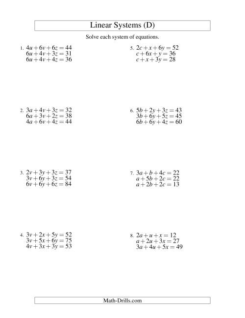 The Systems of Linear Equations -- Three Variables (D) Math Worksheet