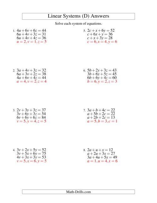 The Systems of Linear Equations -- Three Variables (D) Math Worksheet Page 2
