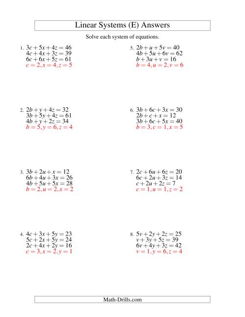 The Systems of Linear Equations -- Three Variables (E) Math Worksheet Page 2